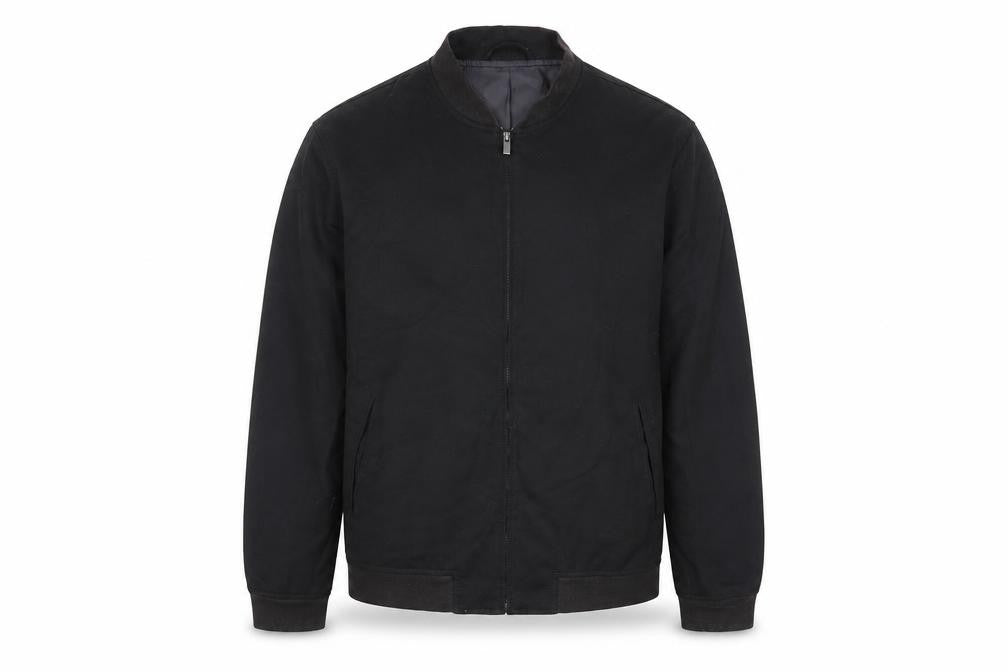 Front view of Next men’s black bomber jacket jacket, size L, zip