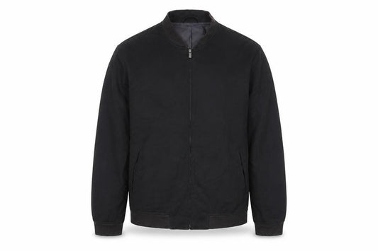 Front view of Next men’s black bomber jacket jacket, size L, zip