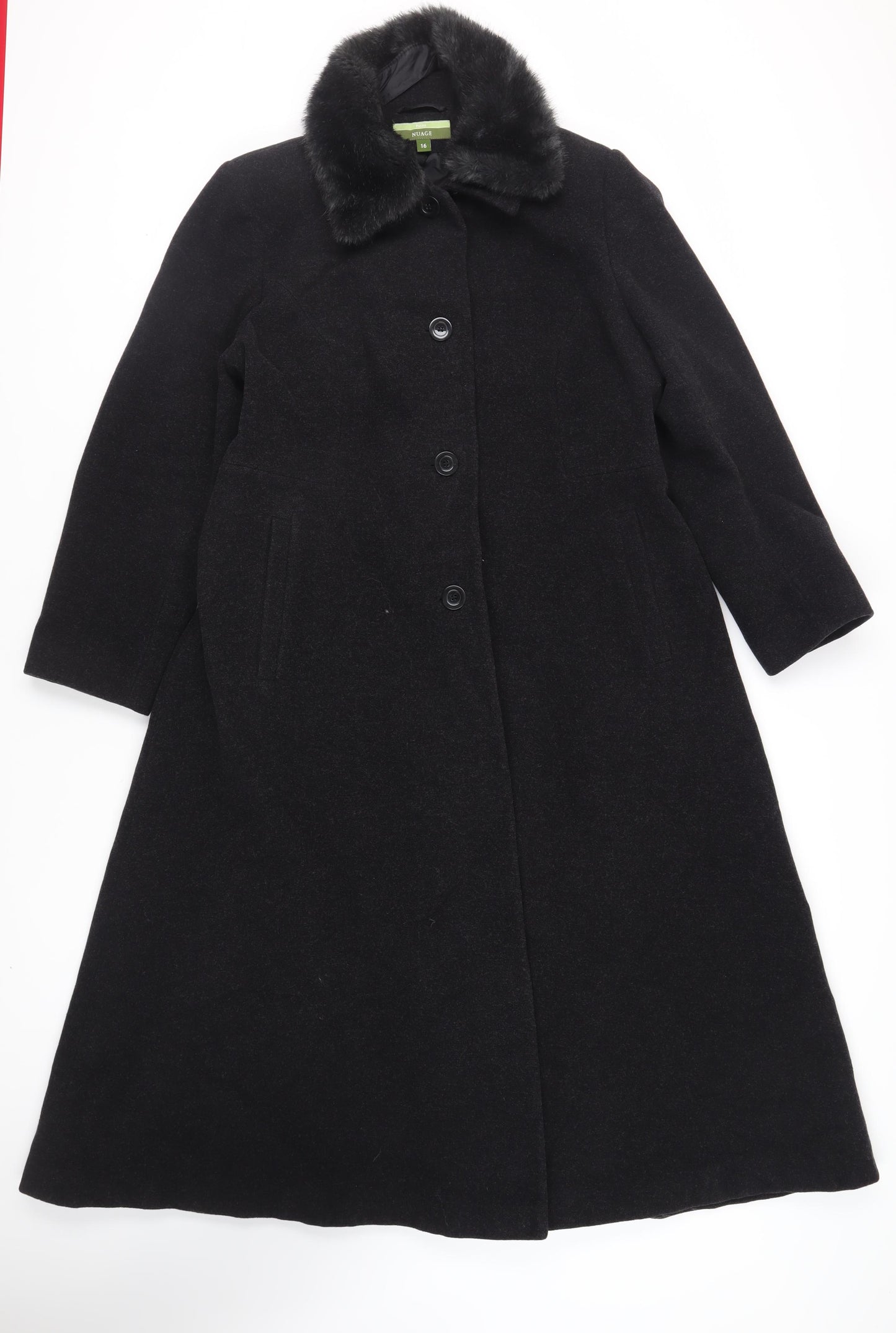 NuAge Womens Black Overcoat Coat Size 16 Button - Faux Fur Collar