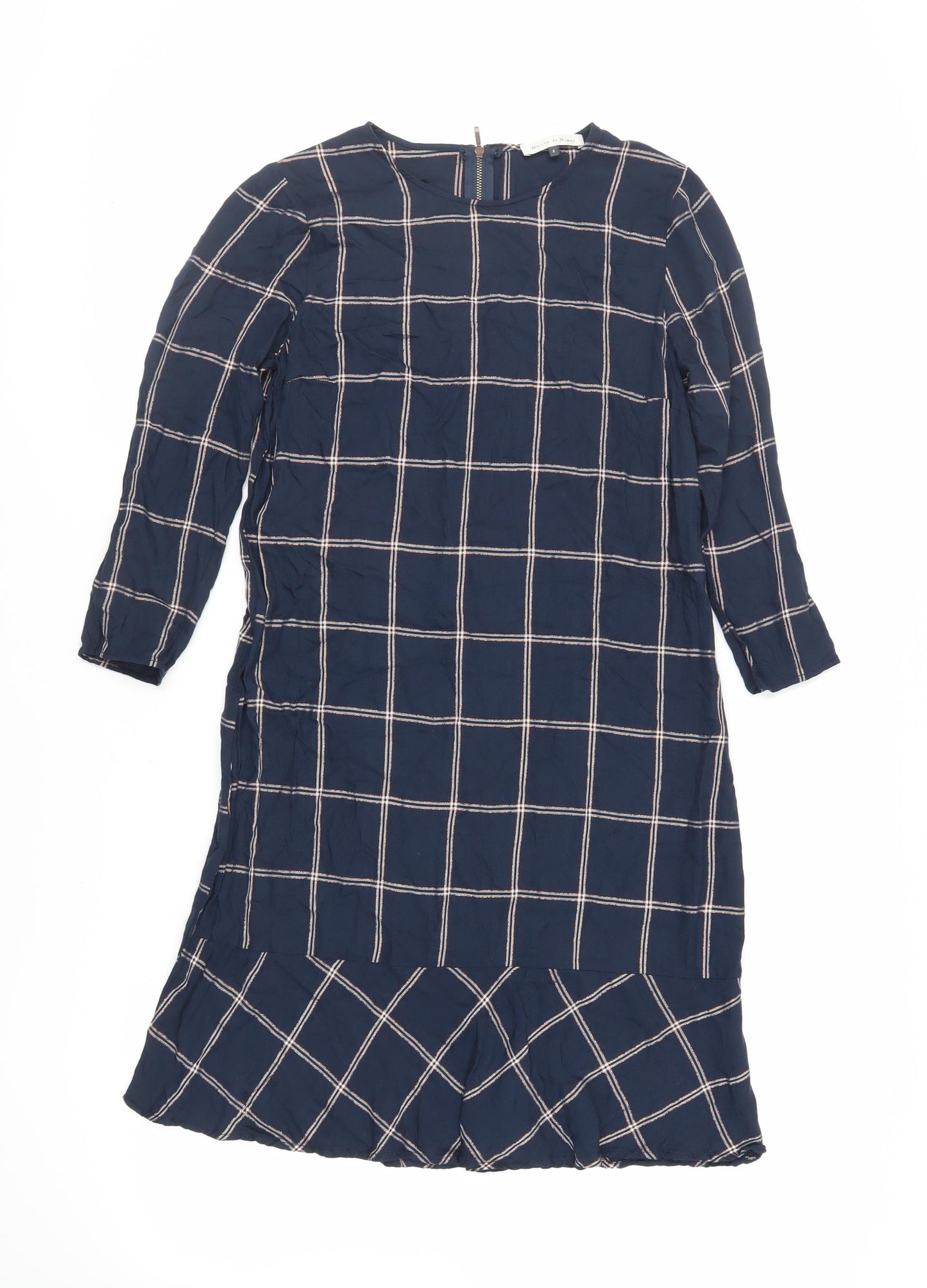 Maison De Nimes Womens Blue Plaid Viscose A-Line Size 8 Round Neck Zip