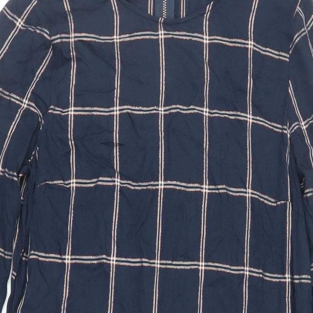 Maison De Nimes Womens Blue Plaid Viscose A-Line Size 8 Round Neck Zip