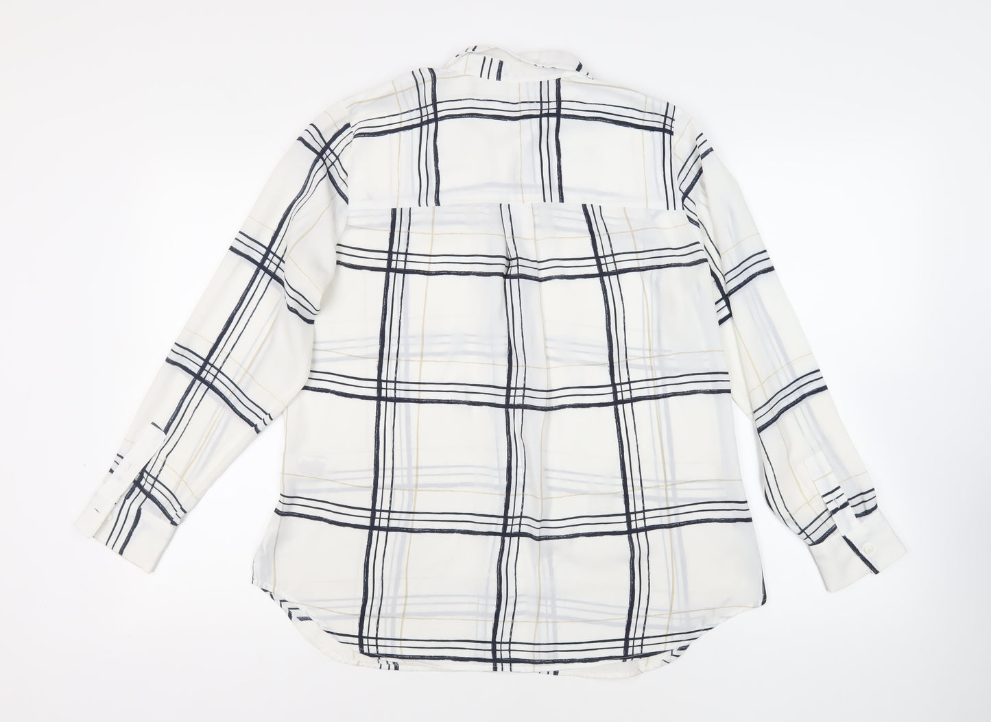 Marks and Spencer Womens White Plaid Polyester Basic Button-Up Size 14 Collared