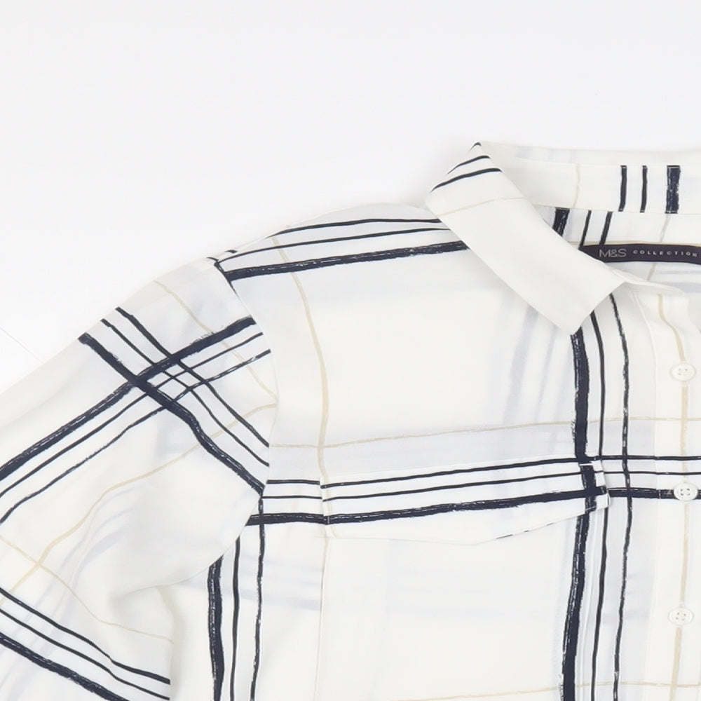 Marks and Spencer Womens White Plaid Polyester Basic Button-Up Size 14 Collared