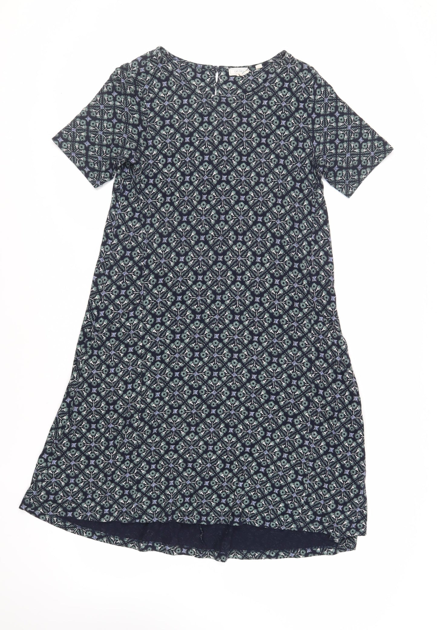 Fat Face Womens Blue Geometric Cotton T-Shirt Dress Size 8 Round Neck Button - Pockets