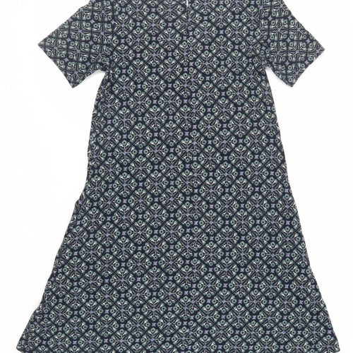 Fat Face Womens Blue Geometric Cotton T-Shirt Dress Size 8 Round Neck Button - Pockets