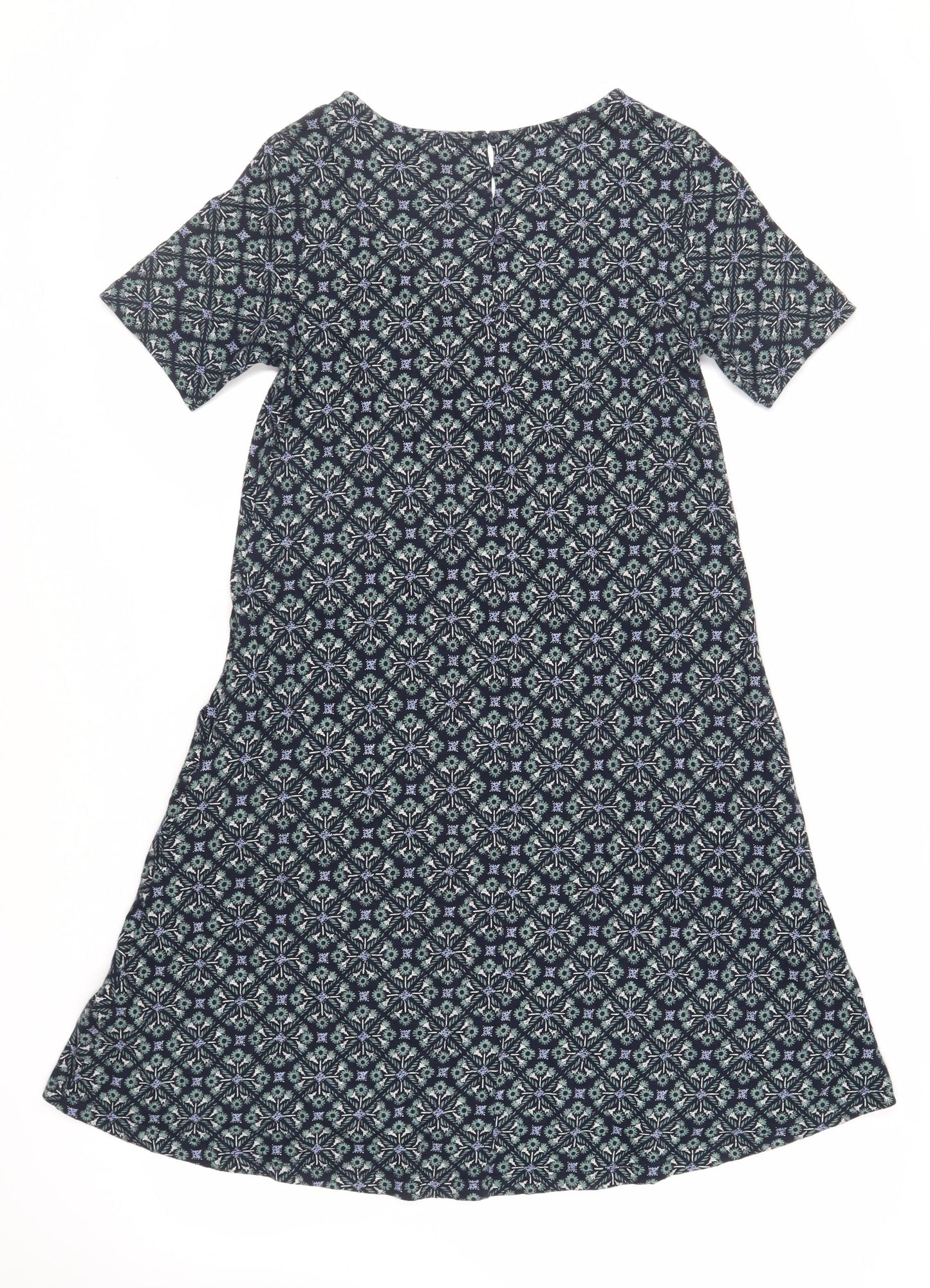 Fat Face Womens Blue Geometric Cotton T-Shirt Dress Size 8 Round Neck Button - Pockets
