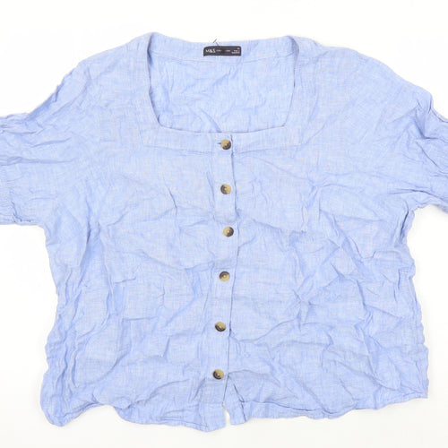 M&S Womens Blue Linen Tunic Blouse Size 22 Round Neck