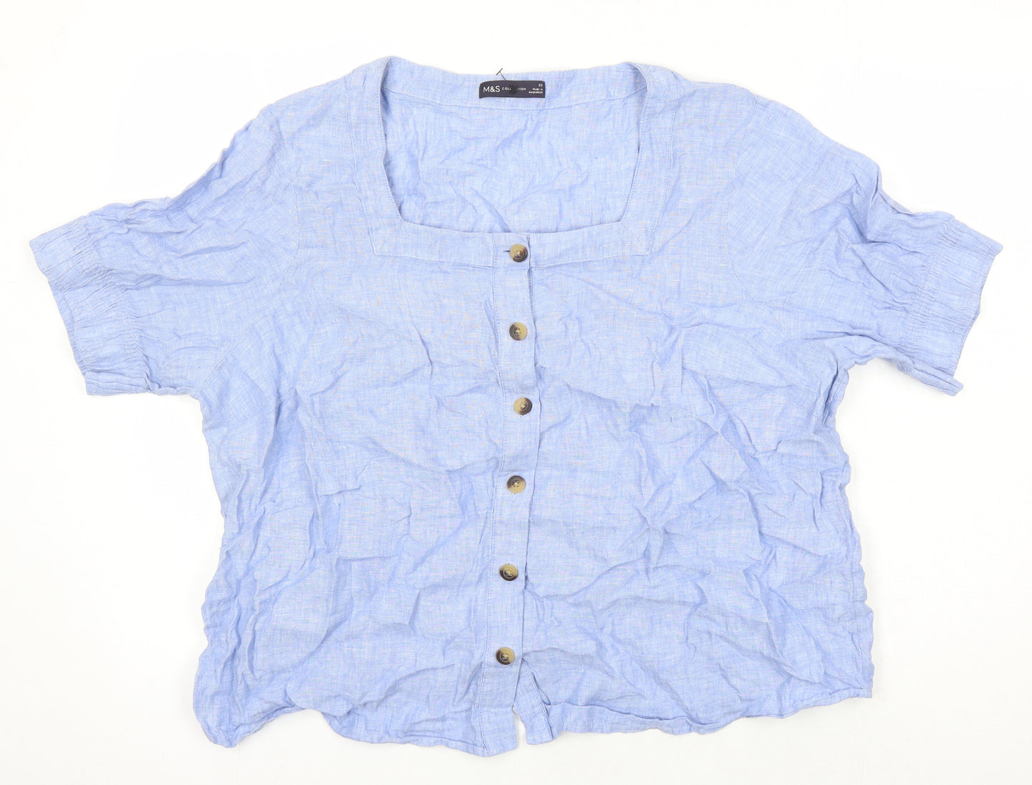 M&S Womens Blue Linen Tunic Blouse Size 22 Round Neck