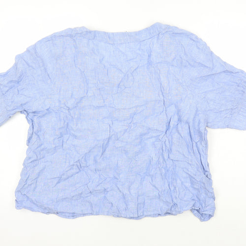 M&S Womens Blue Linen Tunic Blouse Size 22 Round Neck