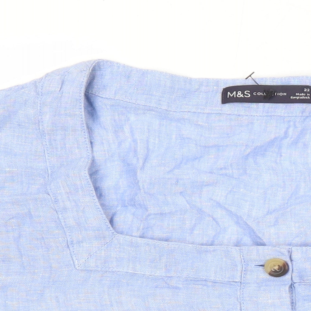 M&S Womens Blue Linen Tunic Blouse Size 22 Round Neck
