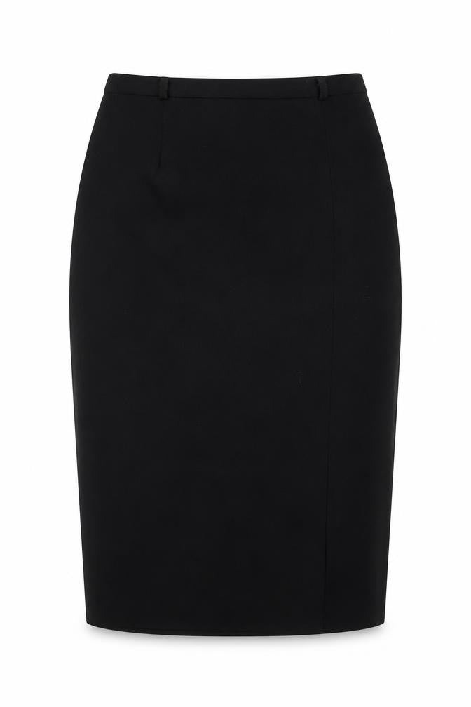 Front view of emozioni women’s black polyester straight & pencil skirt, size UK 10