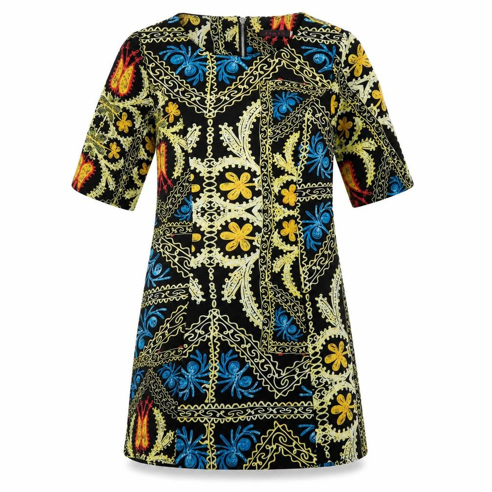 Front view of Tenki women’s multicoloured geometric polyester shift, size UK 12, boat neck
