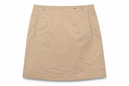 Front view of H&M women’s beige cotton mini skirt, size UK 8, zip