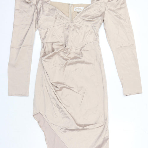 Boohoo Womens Beige Polyester Pencil Dress Size 8 Square Neck Zip
