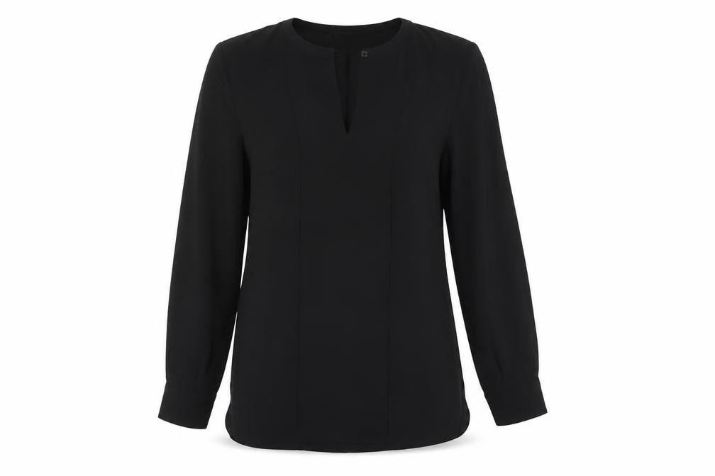 Front view of Warehouse women’s black herringbone polyester tunic blouse, size UK 10, roll neck