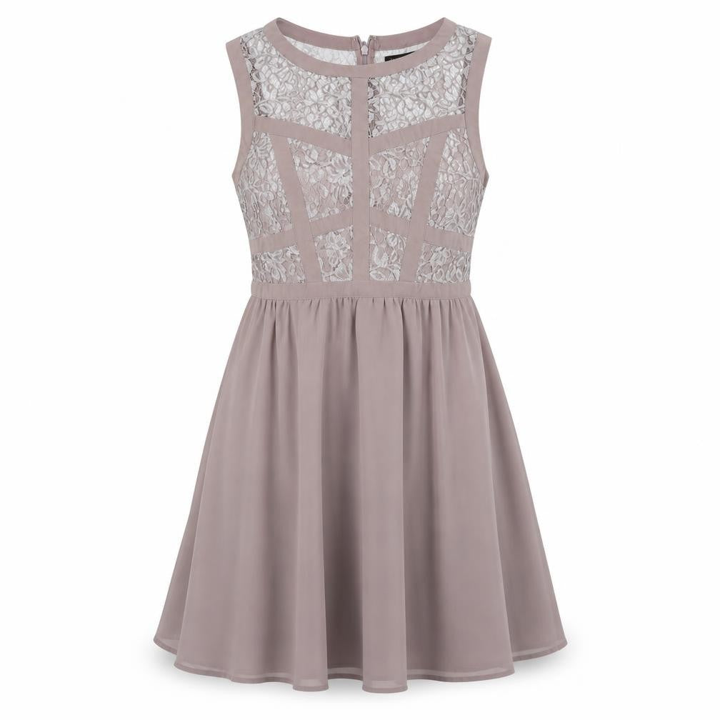 Front view of Warehouse women’s beige polyester a-line, size UK 12, boat neck