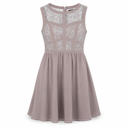 Front view of Warehouse women’s beige polyester a-line, size UK 12, boat neck
