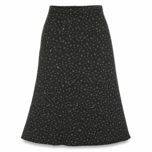 Front view of Charlotte Halton women’s multicoloured floral acrylic a-line skirt, size UK 12, zip