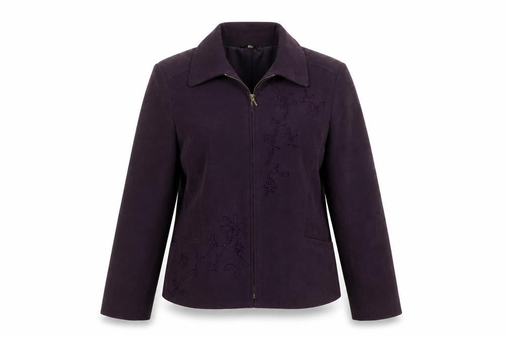 Front view of EWM women’s purple jacket, size UK 14, - embroidered detail