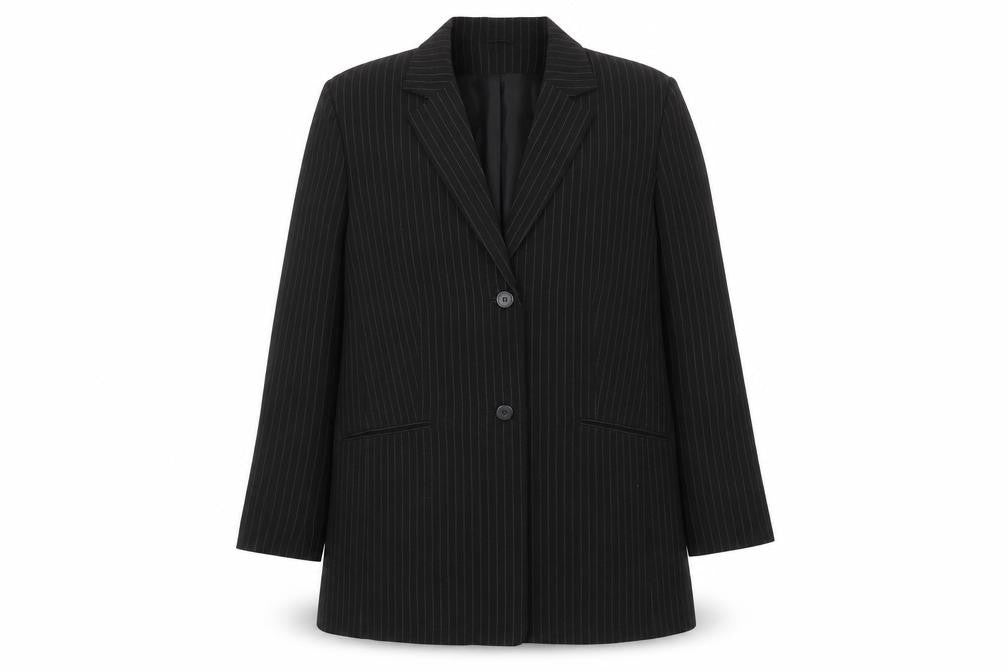 Front view of Agenda women’s black striped jacket blazer, size UK 16
