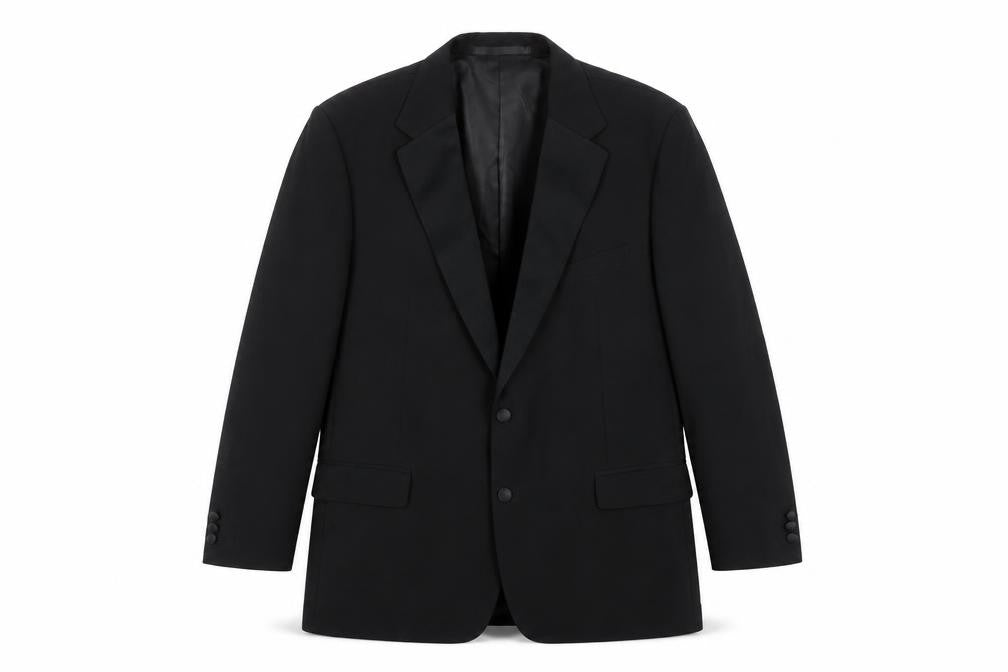 Front view of Marks & Spencer men’s black polyester jacket blazer, size 44, regular