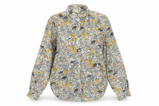 Front view of H&M women’s ivory floral polyester basic button-up, size UK 4, collared