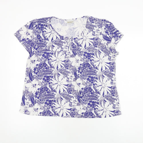 Roman Womens Blue Floral Viscose Basic T-Shirt Size L Round Neck