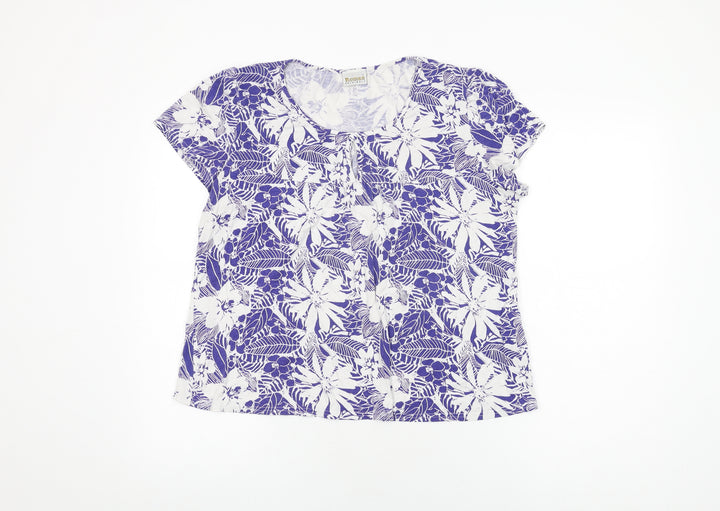Roman Womens Blue Floral Viscose Basic T-Shirt Size L Round Neck