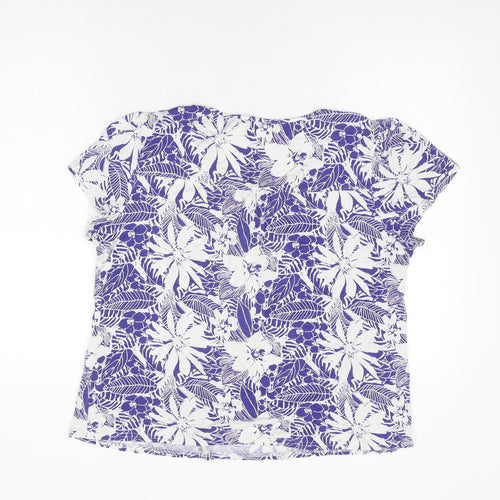 Roman Womens Blue Floral Viscose Basic T-Shirt Size L Round Neck