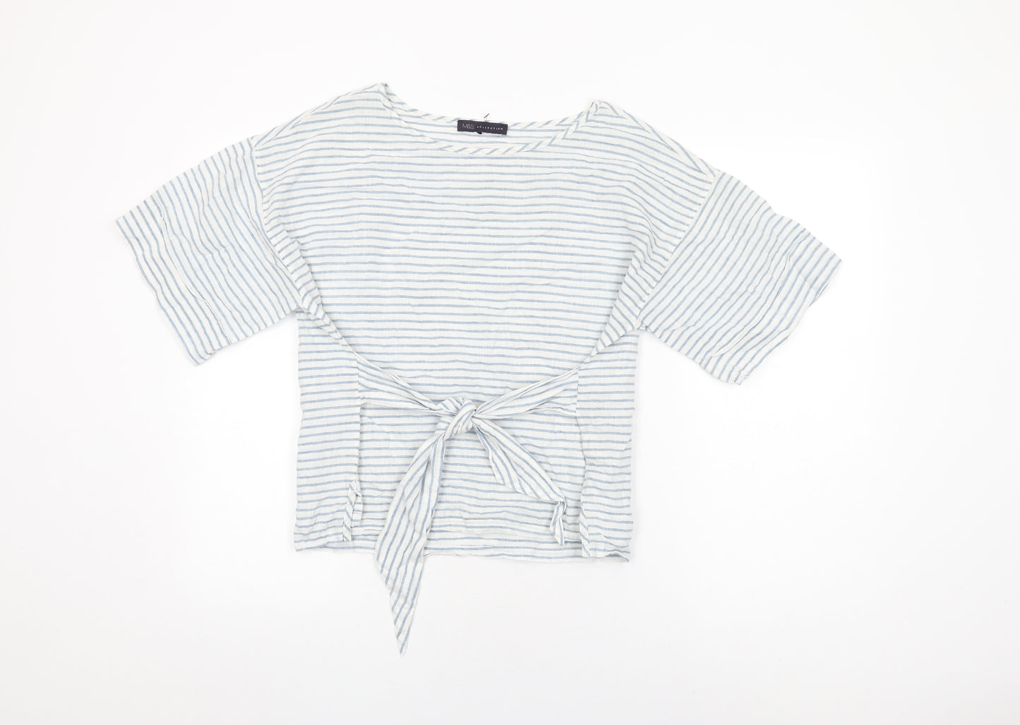 Marks and Spencer Womens White Striped Linen Basic T-Shirt Size 14 Round Neck
