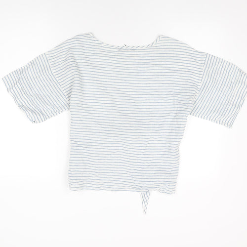 Marks and Spencer Womens White Striped Linen Basic T-Shirt Size 14 Round Neck