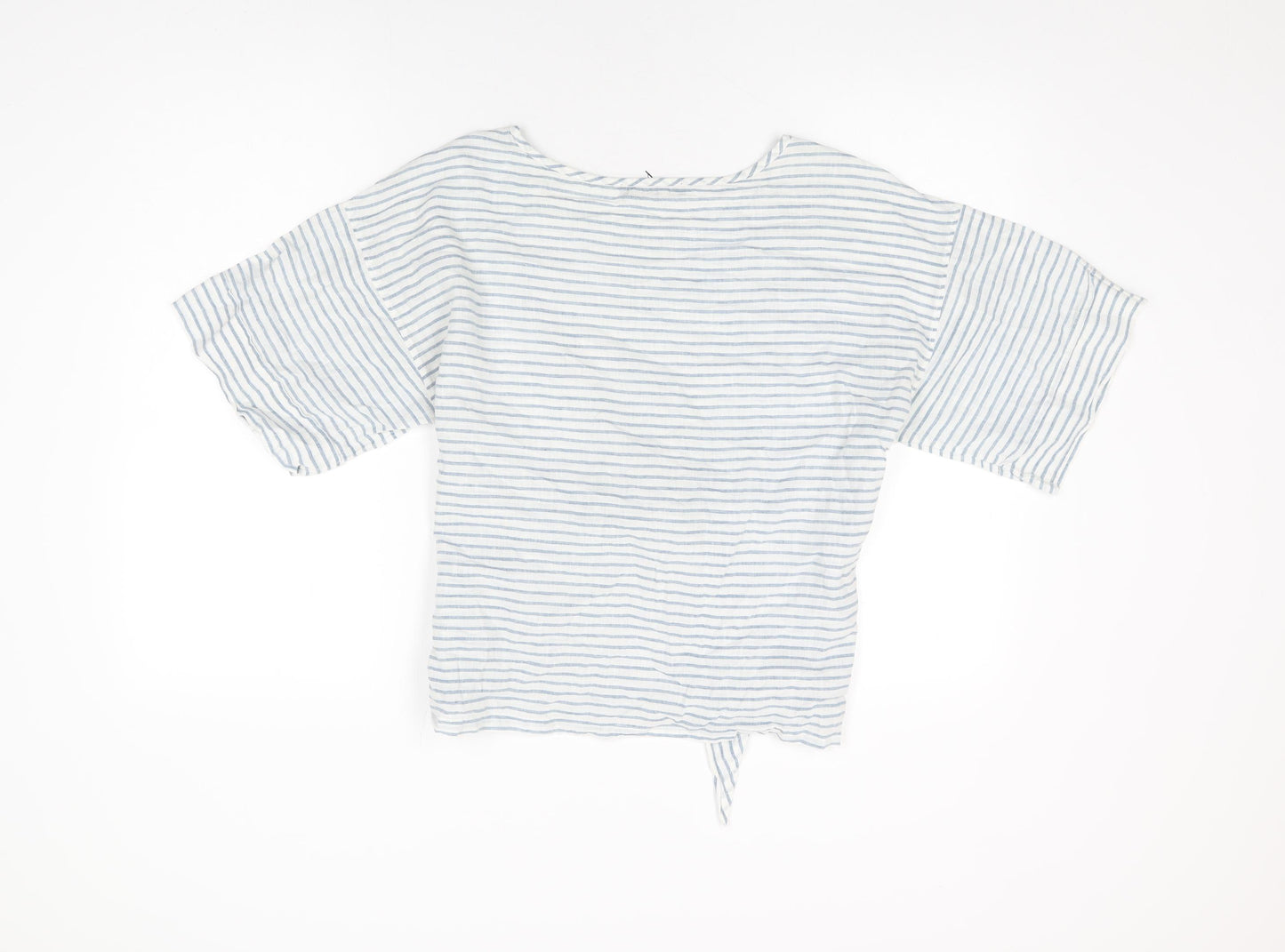 Marks and Spencer Womens White Striped Linen Basic T-Shirt Size 14 Round Neck