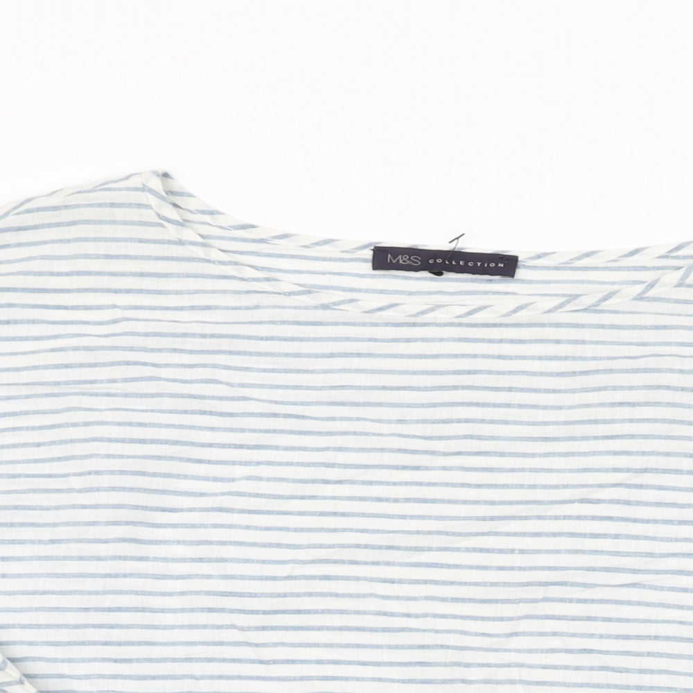 Marks and Spencer Womens White Striped Linen Basic T-Shirt Size 14 Round Neck