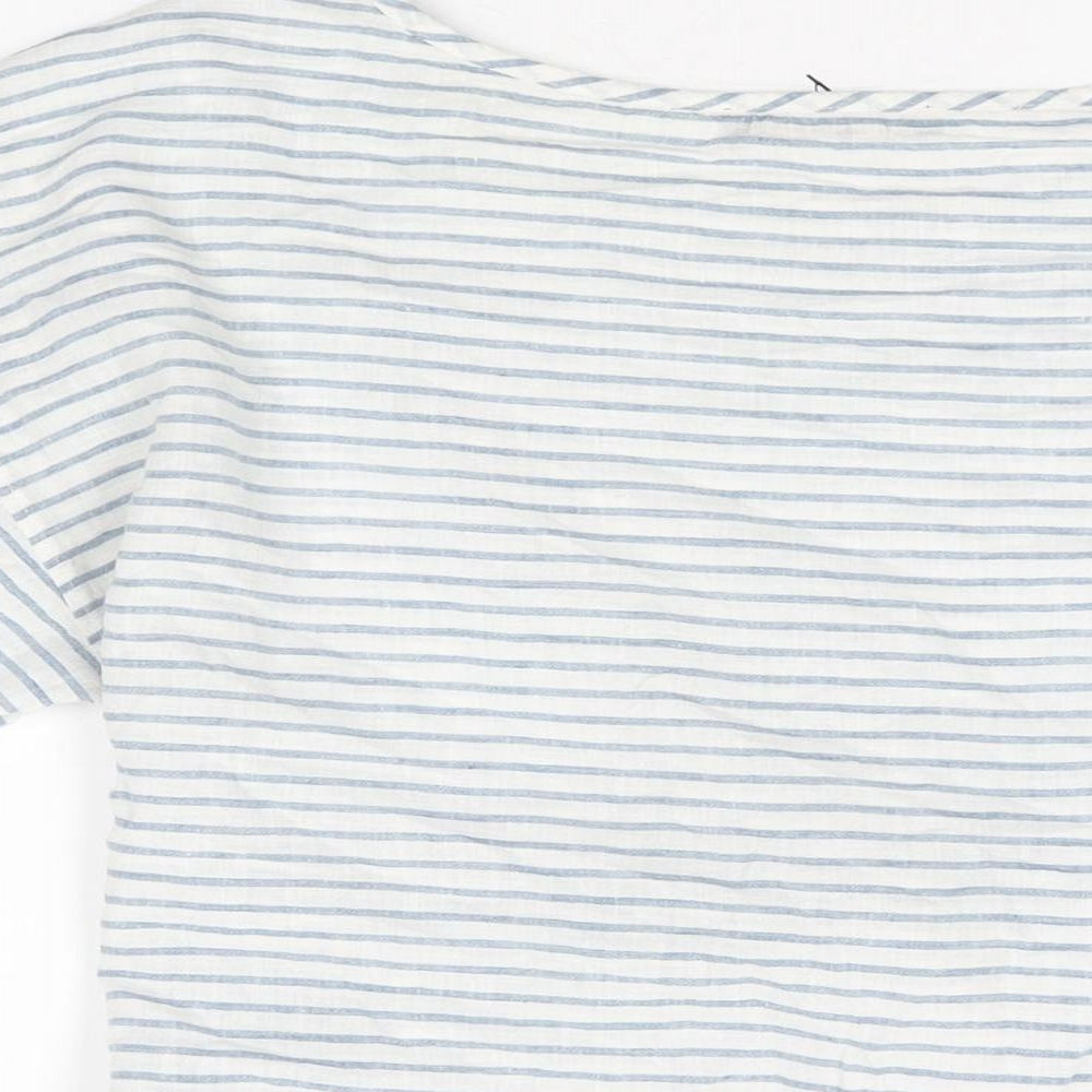 Marks and Spencer Womens White Striped Linen Basic T-Shirt Size 14 Round Neck