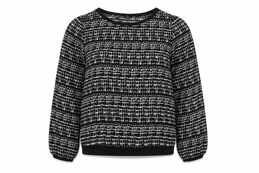 Front view of Next women’s black geometric polyester basic blouse, size UK 12, round neck