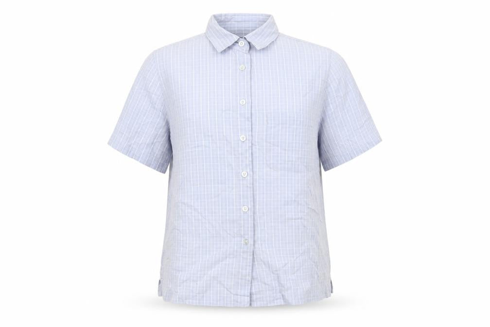 Front view of Hawkshead women’s blue geometric cotton basic button-up, size UK 10, collared