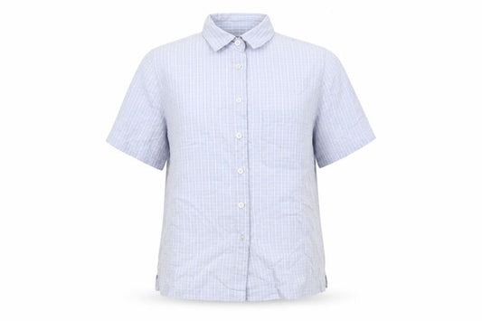 Front view of Hawkshead women’s blue geometric cotton basic button-up, size UK 10, collared