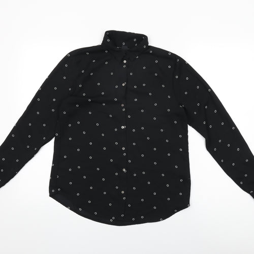 H&M Womens Black Geometric Polyester Basic Button-Up Size 6 Collared