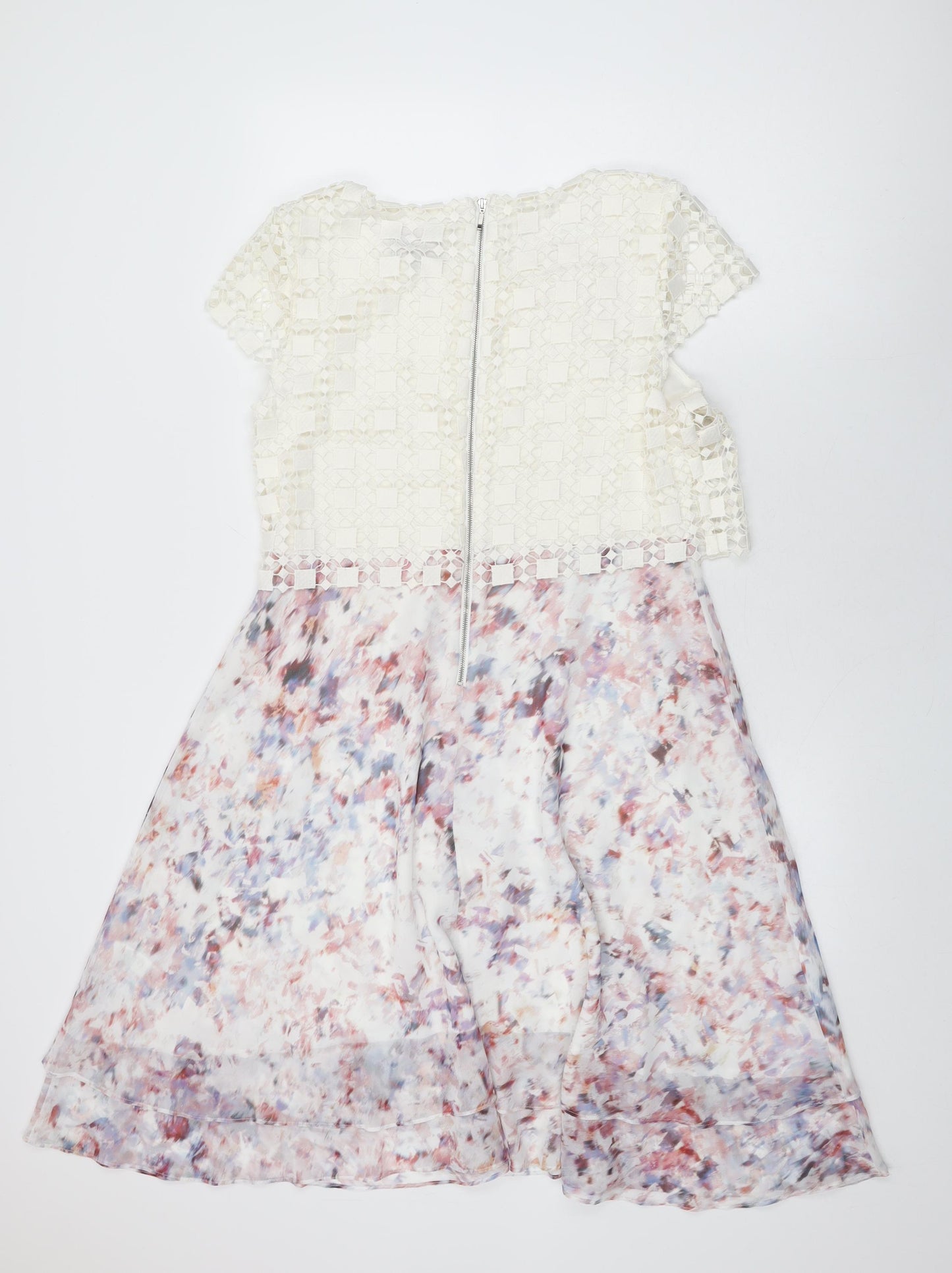 Phase Eight Womens White Geometric Polyester A-Line Size 14 Round Neck Zip