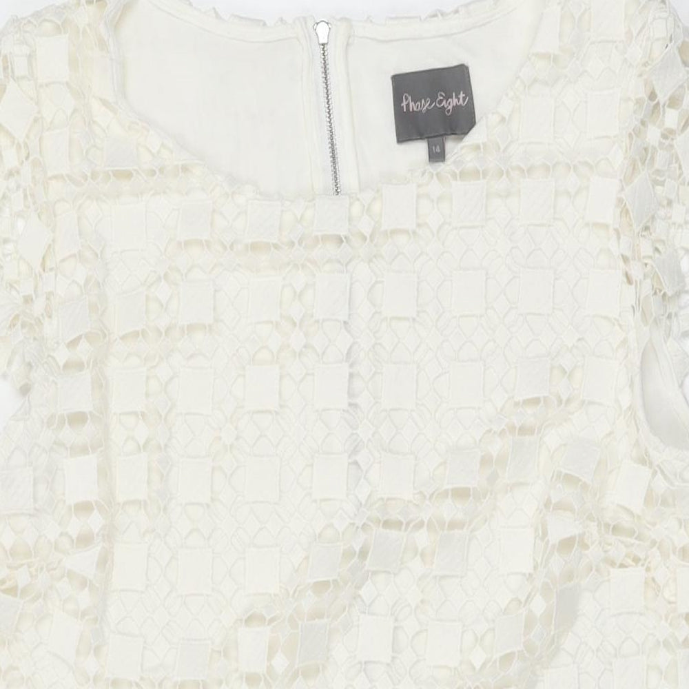 Phase Eight Womens White Geometric Polyester A-Line Size 14 Round Neck Zip