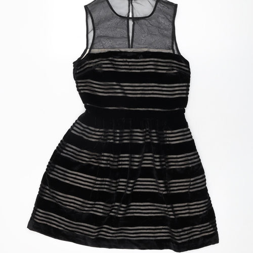 Jack Wills Womens Black Striped Viscose Skater Dress Size 6 Round Neck Zip