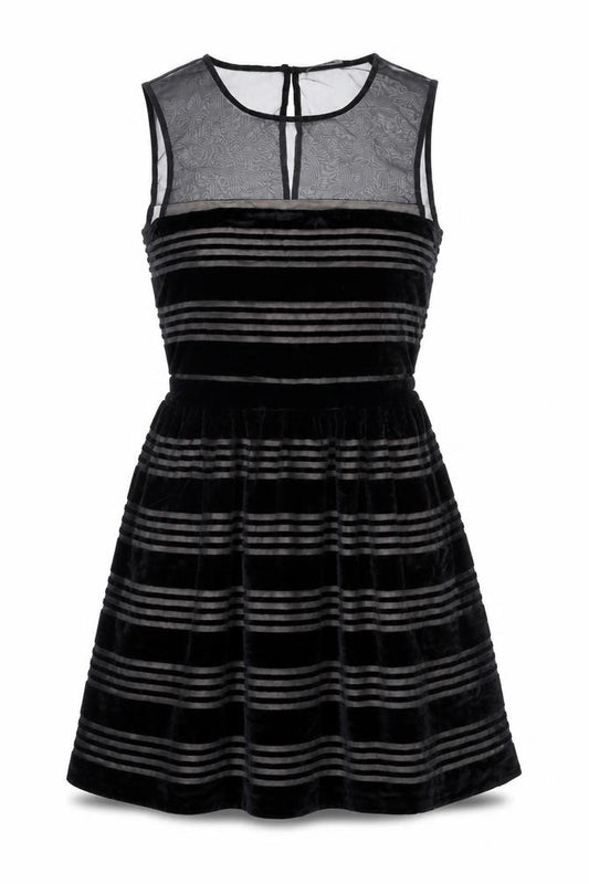 Front view of Jack Wills women’s black striped viscose skater dress, size UK 6, round neck zip