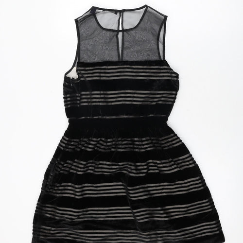 Jack Wills Womens Black Striped Viscose Skater Dress Size 6 Round Neck Zip