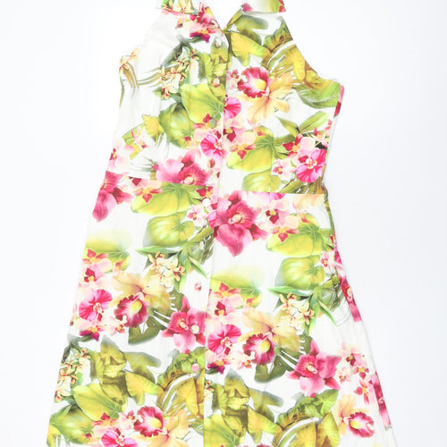 Hunters and Gatherers Womens White Floral Cotton A-Line Size L Collared Button