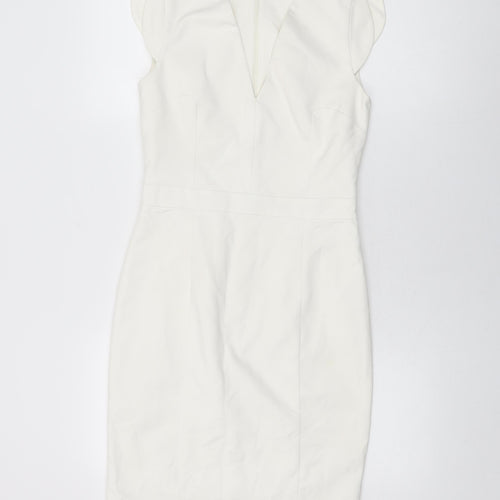 French Connection Womens White Cotton Bodycon Size 10 V-Neck Zip