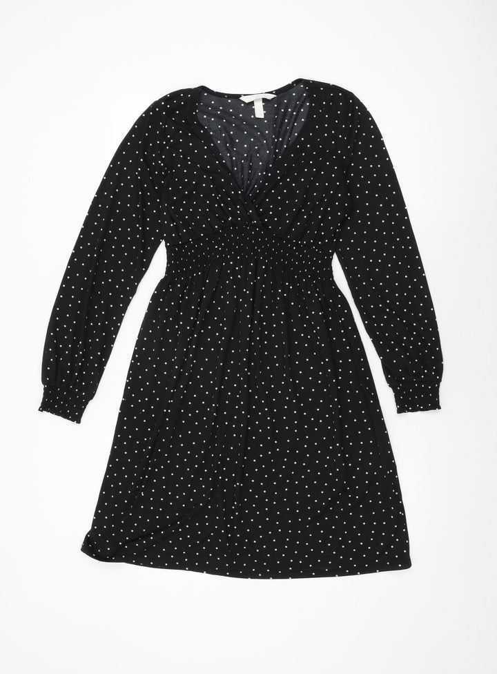 H&M Womens Black Polka Dot Polyester Shift Size S V-Neck Pullover