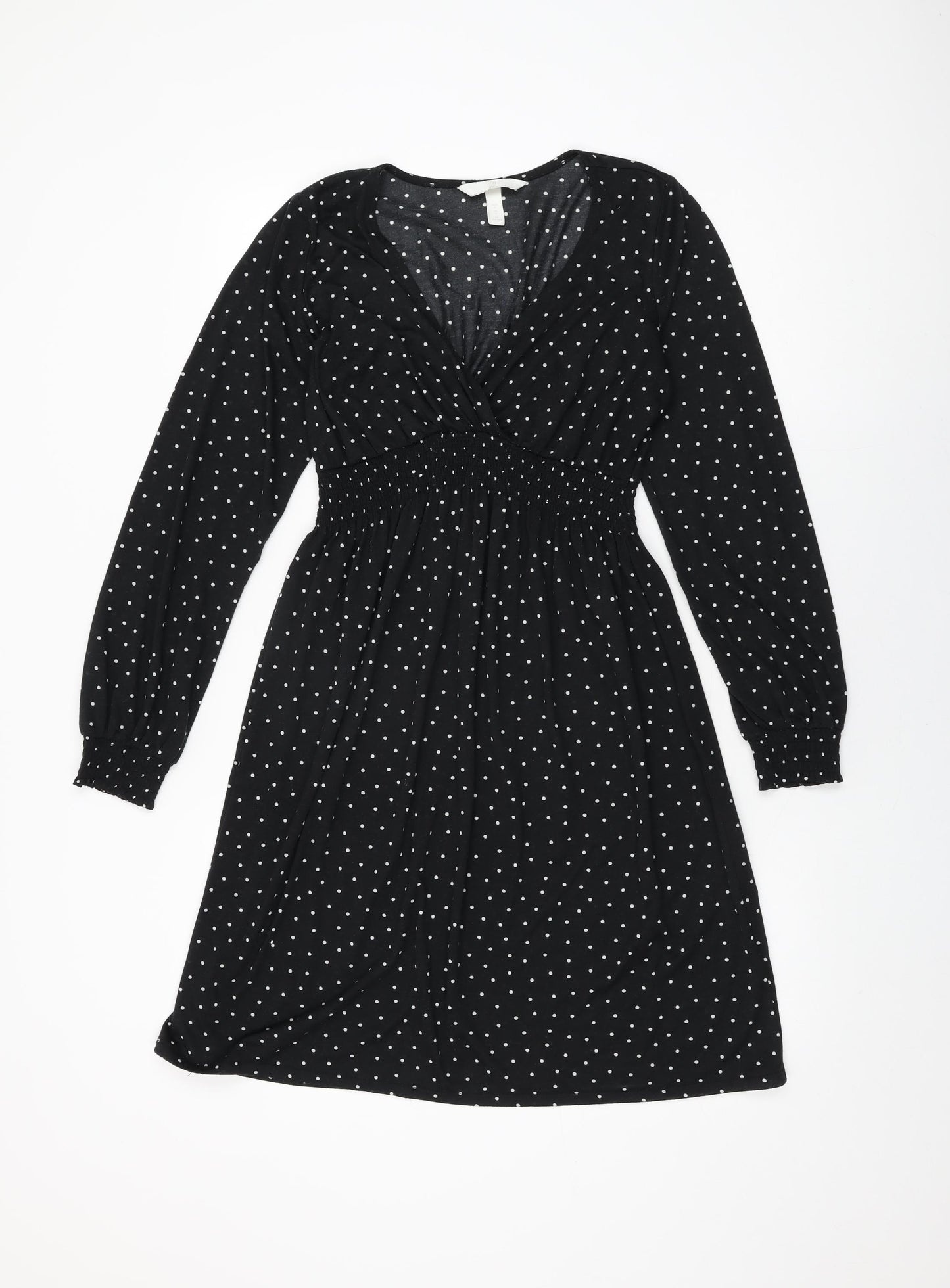 H&M Womens Black Polka Dot Polyester Shift Size S V-Neck Pullover