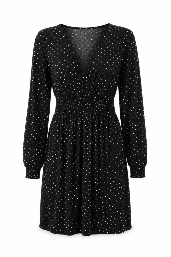 Front view of H&M women’s black polka dot polyester shift, size S, v-neck pullover