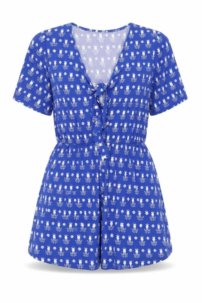 Front view of Monki women’s blue geometric viscose playsuit one-piece, size M, tie