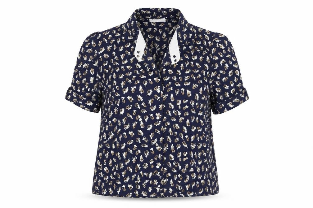 Front view of Berkertex women’s blue geometric polyester basic button-up, size UK 18, collared